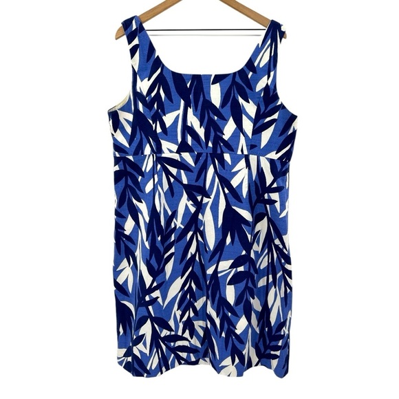Boden Savannah Leaf Print Cotton Sheath Dress -Blue / White -Size 16 Long / Tall - Picture 4 of 6
